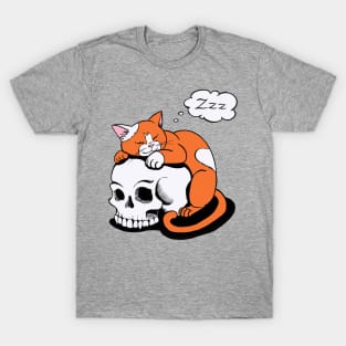 red orange cat sleeping on the vampire skull T-Shirt